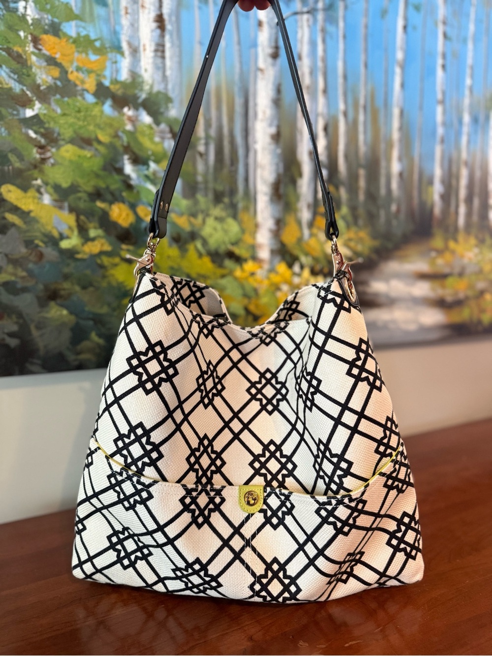 Spartina 449 Woven Canvas Hobo / Oversized Clutch Bag, Black White Green Pattern